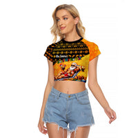 Tropical Christmas In July Santa Claus Raglan Cropped T Shirt Festive Hawaiian With Beach Reindeer Sleigh