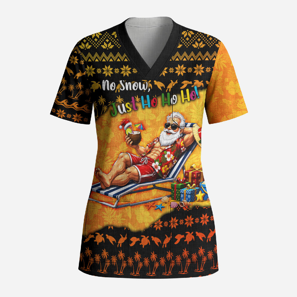 Tropical Christmas In July Santa Claus Scrub Top Festive Hawaiian With Beach Reindeer Sleigh TS04 Adult Orange Black - Polynesian Pride