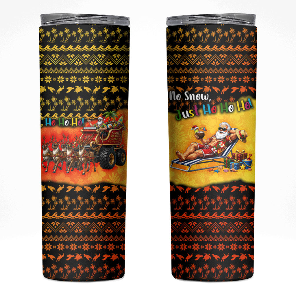 Tropical Christmas In July Santa Claus Skinny Tumbler Festive Hawaiian With Beach Reindeer Sleigh TS04 Orange Black - Polynesian Pride