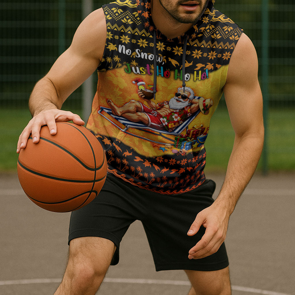 Tropical Christmas In July Santa Claus Sleeveless Hoodie Festive Hawaiian With Beach Reindeer Sleigh