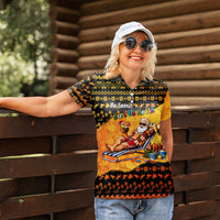 Tropical Christmas In July Santa Claus Women Polo Shirt Festive Hawaiian With Beach Reindeer Sleigh