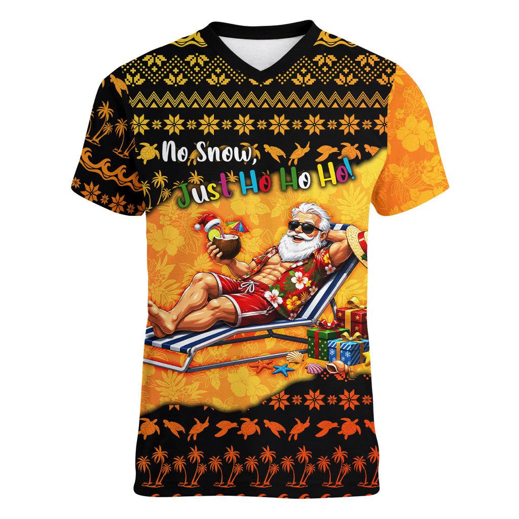 Tropical Christmas In July Santa Claus Women V-Neck T-Shirt Festive Hawaiian With Beach Reindeer Sleigh