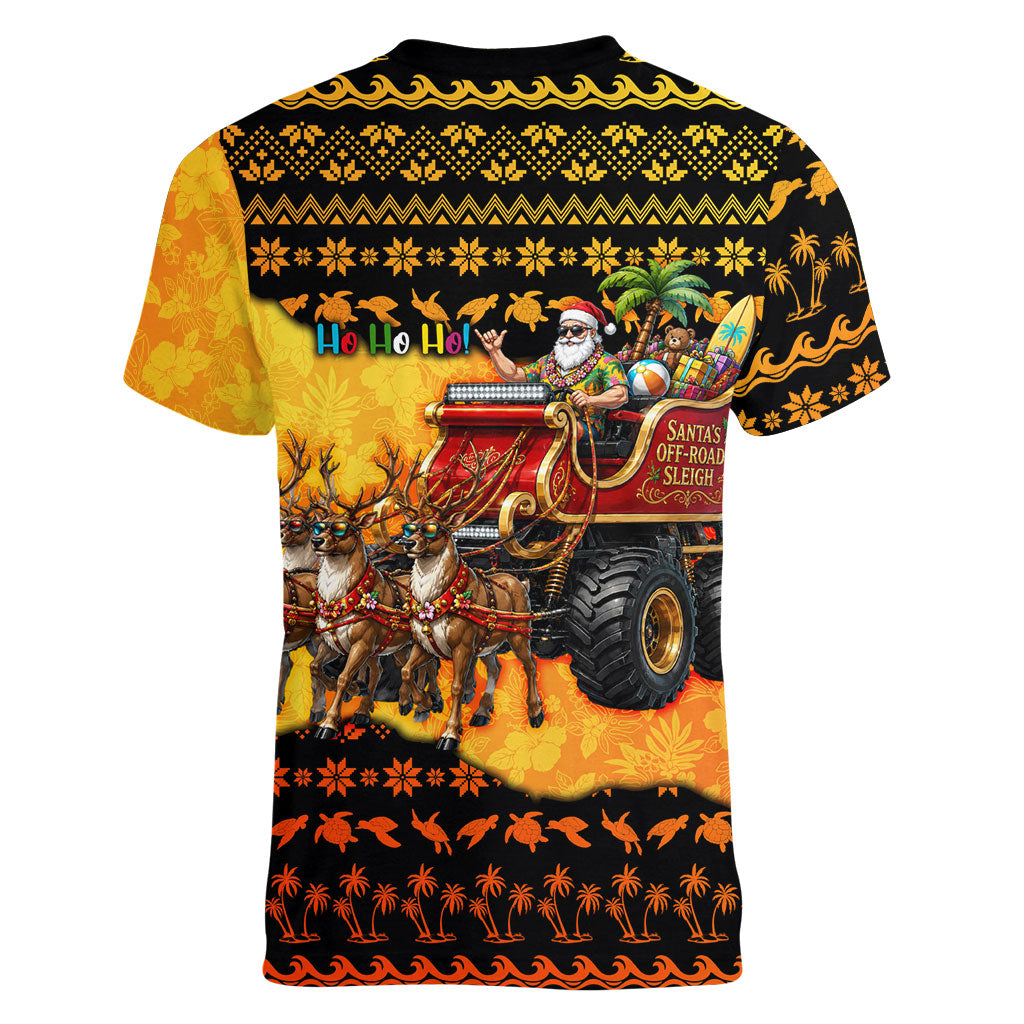 Tropical Christmas In July Santa Claus Women V-Neck T-Shirt Festive Hawaiian With Beach Reindeer Sleigh