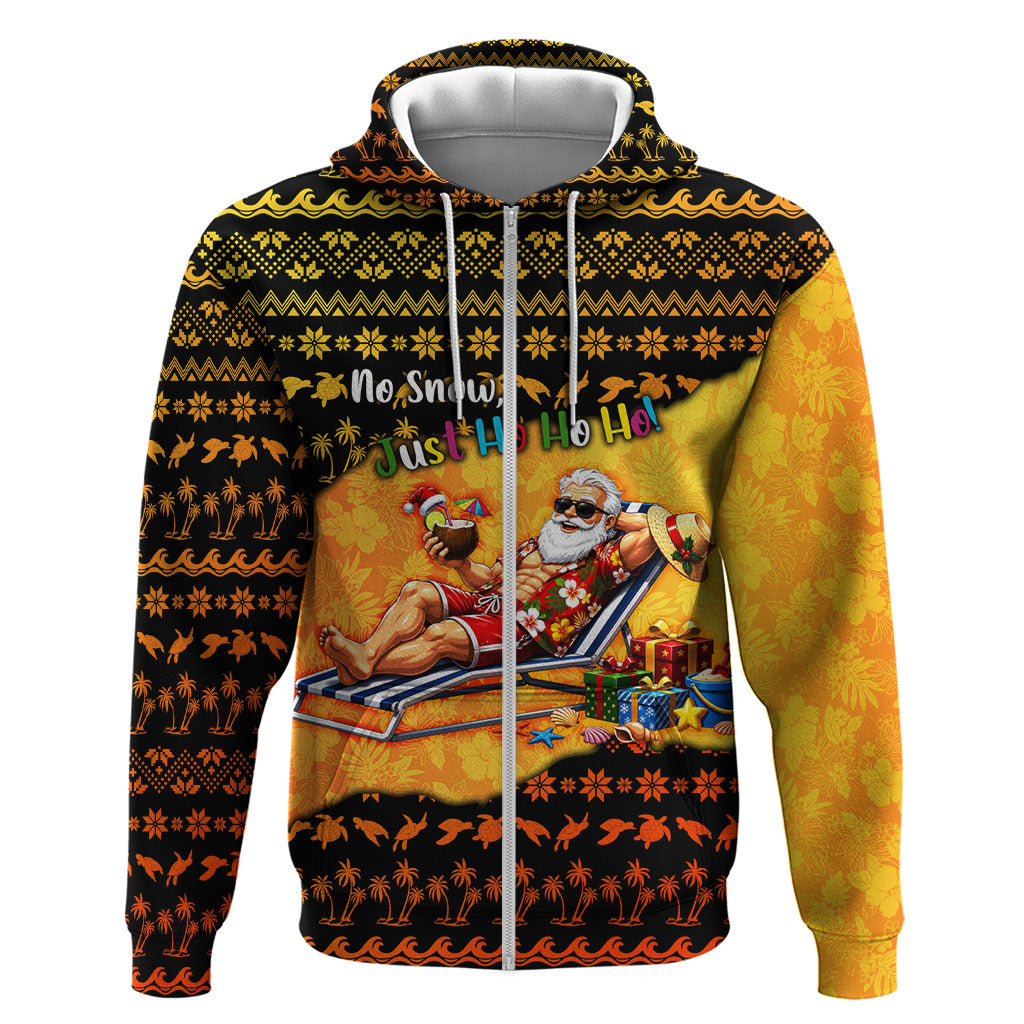 Tropical Christmas In July Santa Claus Zip Hoodie Festive Hawaiian With Beach Reindeer Sleigh