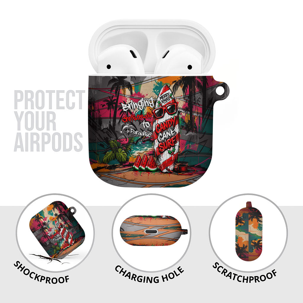 Tropical Christmas In July Candy Cane Surf AirPods Case Vibrant Street Art Beach Graffiti Graphic