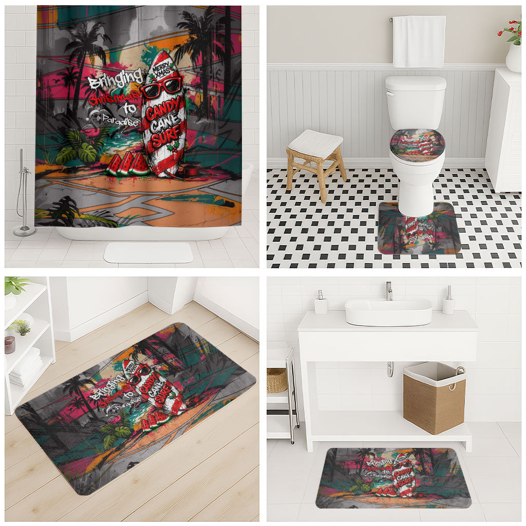 Tropical Christmas In July Candy Cane Surf Bathroom Set Vibrant Street Art Beach Graffiti Graphic