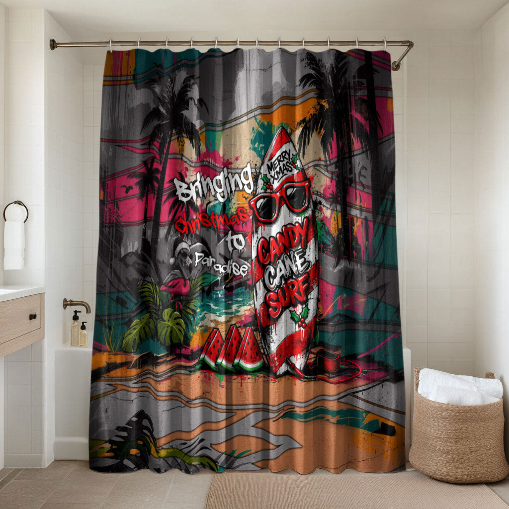 Tropical Christmas In July Candy Cane Surf Bathroom Set Vibrant Street Art Beach Graffiti Graphic