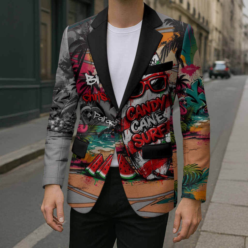 Tropical Christmas In July Candy Cane Surf Blazer Vibrant Street Art Beach Graffiti Graphic