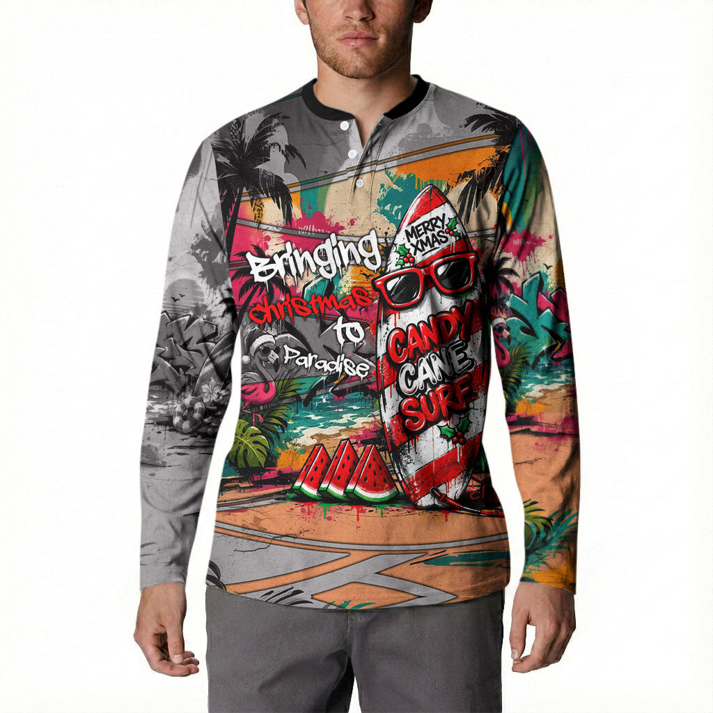 Tropical Christmas In July Candy Cane Surf Button Sweatshirt Vibrant Street Art Beach Graffiti Graphic