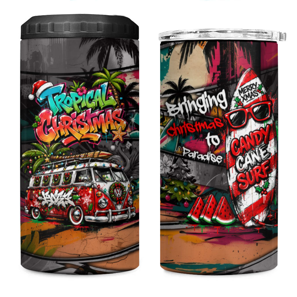 Tropical Christmas In July Candy Cane Surf 4 in 1 Can Cooler Tumbler Vibrant Street Art Beach Graffiti Graphic