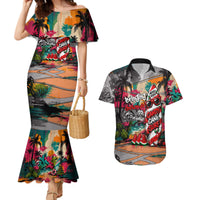 Tropical Christmas In July Candy Cane Surf Couples Matching Mermaid Dress and Hawaiian Shirt Vibrant Street Art Beach Graffiti Graphic