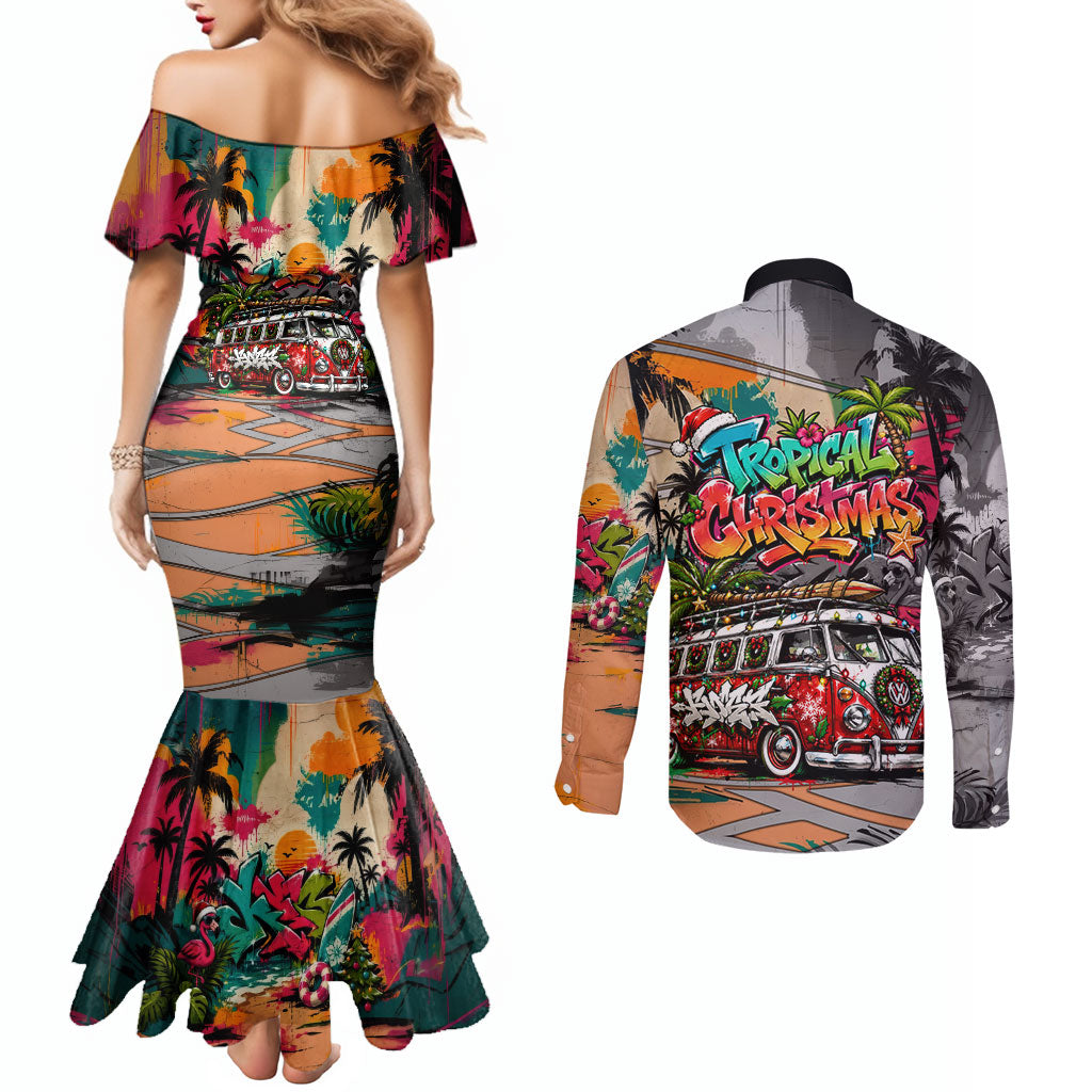 Tropical Christmas In July Candy Cane Surf Couples Matching Mermaid Dress and Long Sleeve Button Shirt Vibrant Street Art Beach Graffiti Graphic