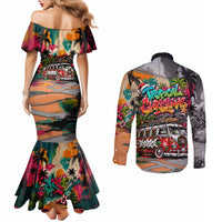 Tropical Christmas In July Candy Cane Surf Couples Matching Mermaid Dress and Long Sleeve Button Shirt Vibrant Street Art Beach Graffiti Graphic