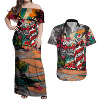 Tropical Christmas In July Candy Cane Surf Couples Matching Off Shoulder Maxi Dress and Hawaiian Shirt Vibrant Street Art Beach Graffiti Graphic