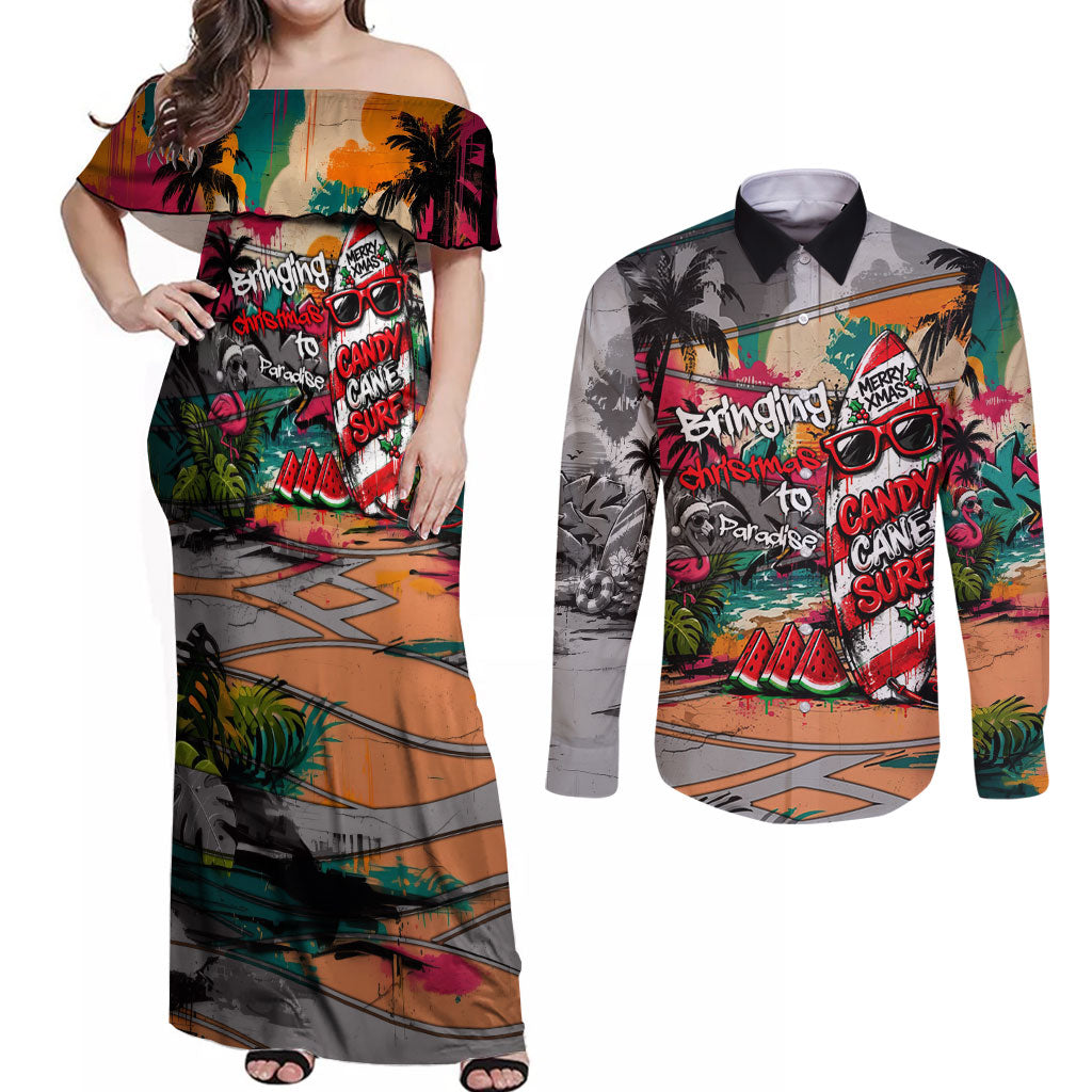 Tropical Christmas In July Candy Cane Surf Couples Matching Off Shoulder Maxi Dress and Long Sleeve Button Shirt Vibrant Street Art Beach Graffiti Graphic
