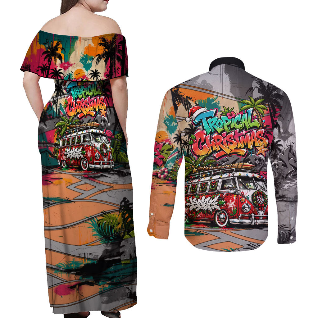 Tropical Christmas In July Candy Cane Surf Couples Matching Off Shoulder Maxi Dress and Long Sleeve Button Shirt Vibrant Street Art Beach Graffiti Graphic