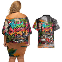 Tropical Christmas In July Candy Cane Surf Couples Matching Off Shoulder Short Dress and Hawaiian Shirt Vibrant Street Art Beach Graffiti Graphic