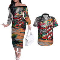 Tropical Christmas In July Candy Cane Surf Couples Matching Off The Shoulder Long Sleeve Dress and Hawaiian Shirt Vibrant Street Art Beach Graffiti Graphic