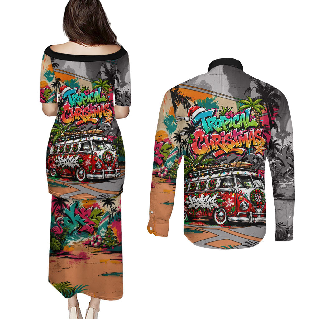 Tropical Christmas In July Candy Cane Surf Couples Matching Puletasi and Long Sleeve Button Shirt Vibrant Street Art Beach Graffiti Graphic