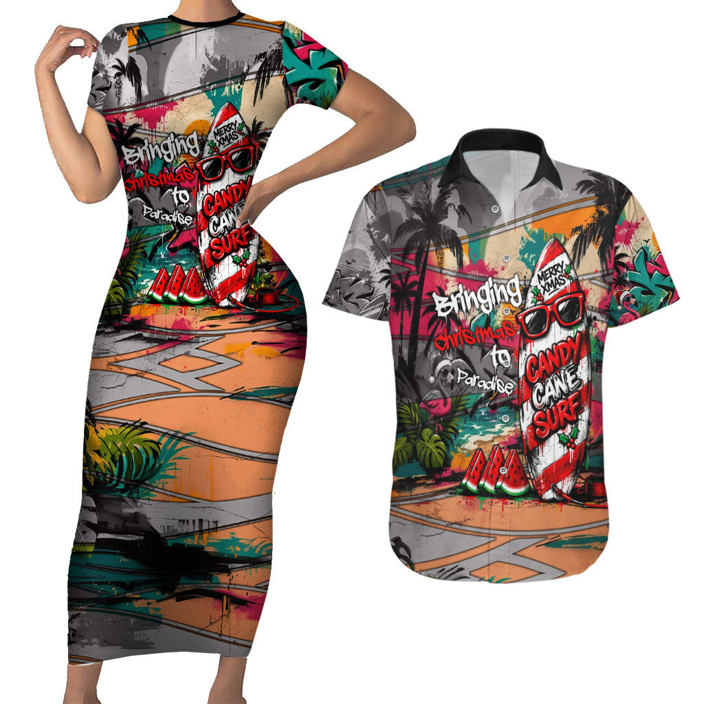 Tropical Christmas In July Candy Cane Surf Couples Matching Short Sleeve Bodycon Dress and Hawaiian Shirt Vibrant Street Art Beach Graffiti Graphic