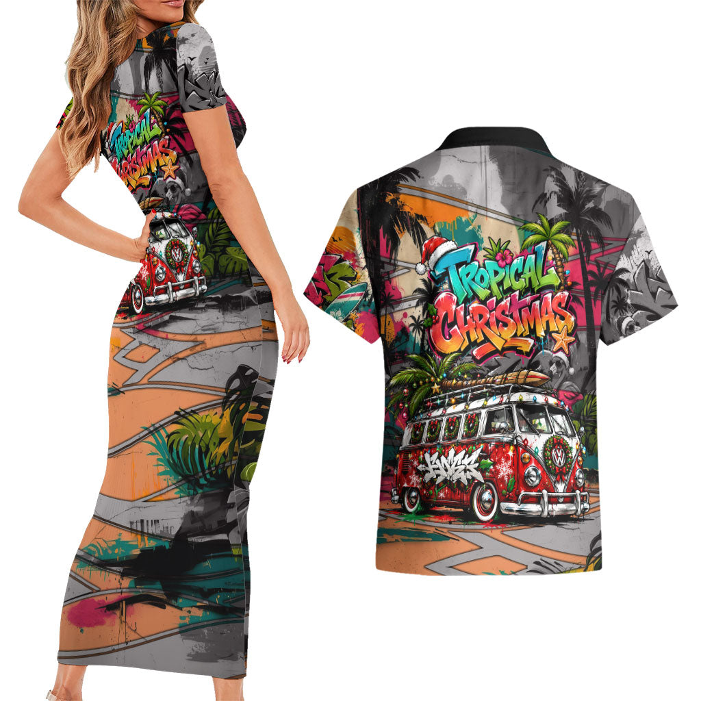 Tropical Christmas In July Candy Cane Surf Couples Matching Short Sleeve Bodycon Dress and Hawaiian Shirt Vibrant Street Art Beach Graffiti Graphic