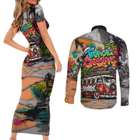 Tropical Christmas In July Candy Cane Surf Couples Matching Short Sleeve Bodycon Dress and Long Sleeve Button Shirt Vibrant Street Art Beach Graffiti Graphic