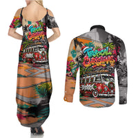 Tropical Christmas In July Candy Cane Surf Couples Matching Summer Maxi Dress and Long Sleeve Button Shirt Vibrant Street Art Beach Graffiti Graphic