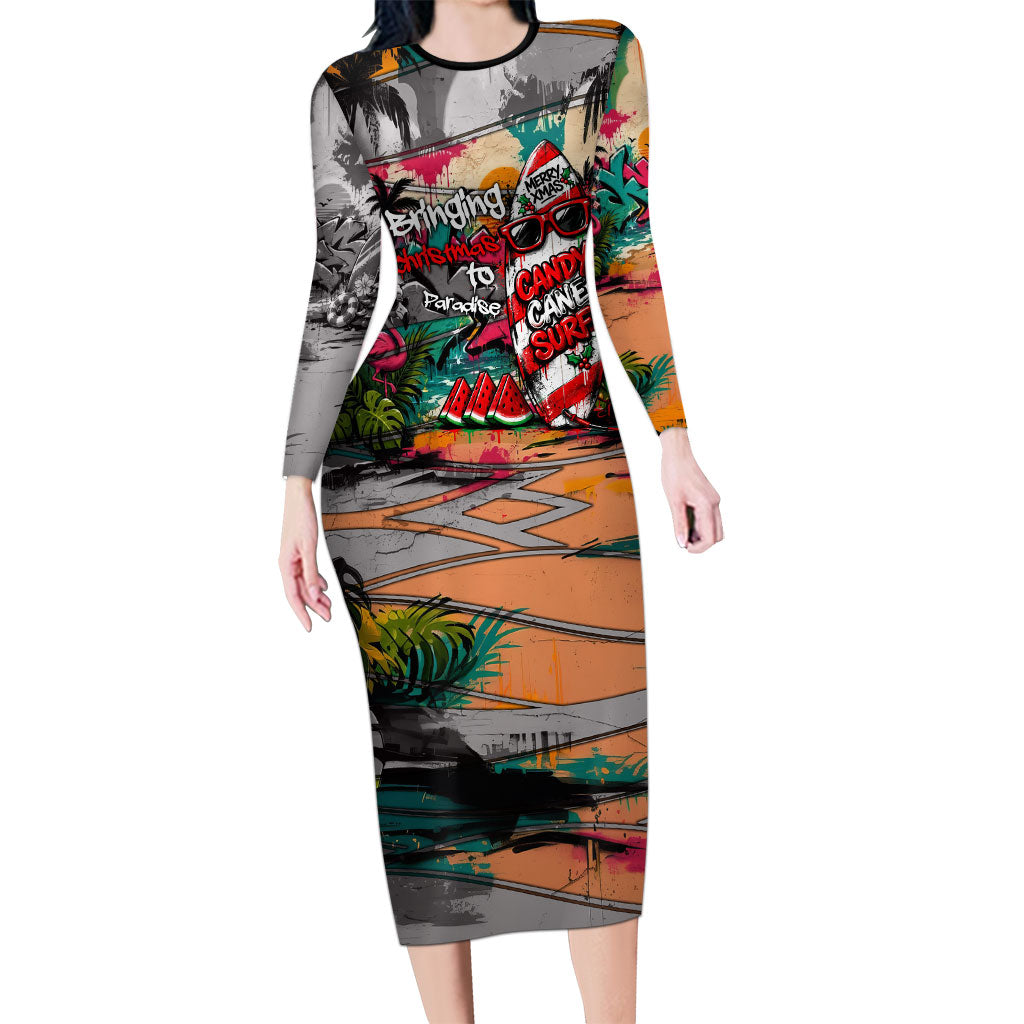 Tropical Christmas In July Candy Cane Surf Family Matching Long Sleeve Bodycon Dress and Hawaiian Shirt Vibrant Street Art Beach Graffiti Graphic