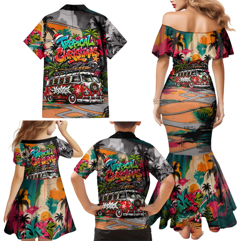 Tropical Christmas In July Candy Cane Surf Family Matching Mermaid Dress and Hawaiian Shirt Vibrant Street Art Beach Graffiti Graphic