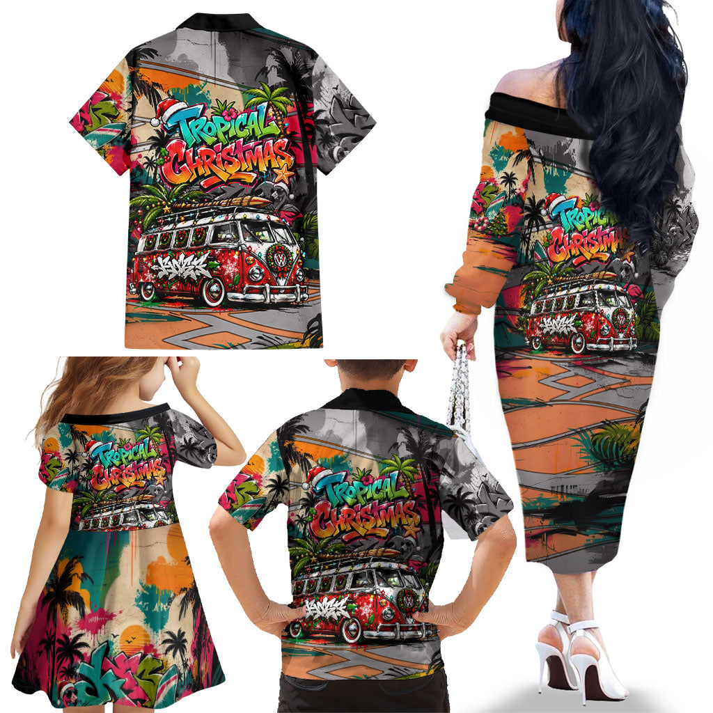 Tropical Christmas In July Candy Cane Surf Family Matching Off The Shoulder Long Sleeve Dress and Hawaiian Shirt Vibrant Street Art Beach Graffiti Graphic