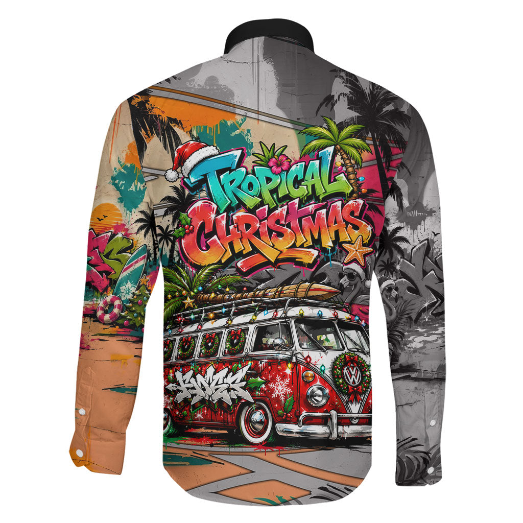 Tropical Christmas In July Candy Cane Surf Family Matching Off The Shoulder Long Sleeve Dress and Hawaiian Shirt Vibrant Street Art Beach Graffiti Graphic