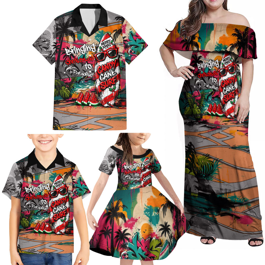 Tropical Christmas In July Candy Cane Surf Family Matching Off Shoulder Maxi Dress and Hawaiian Shirt Vibrant Street Art Beach Graffiti Graphic