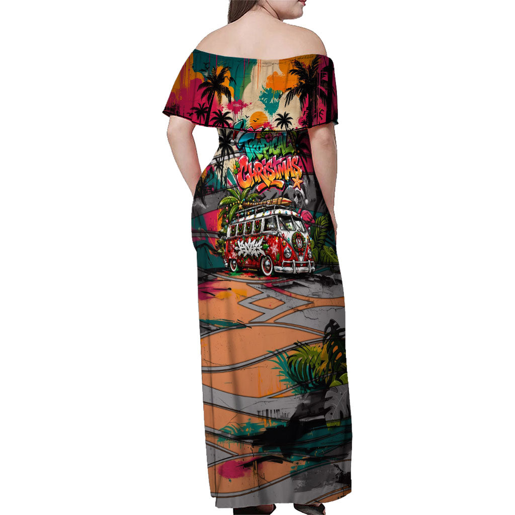 Tropical Christmas In July Candy Cane Surf Family Matching Off Shoulder Maxi Dress and Hawaiian Shirt Vibrant Street Art Beach Graffiti Graphic