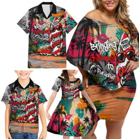 Tropical Christmas In July Candy Cane Surf Family Matching Off Shoulder Short Dress and Hawaiian Shirt Vibrant Street Art Beach Graffiti Graphic