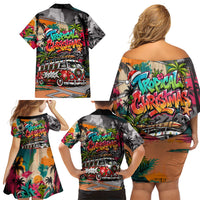 Tropical Christmas In July Candy Cane Surf Family Matching Off Shoulder Short Dress and Hawaiian Shirt Vibrant Street Art Beach Graffiti Graphic