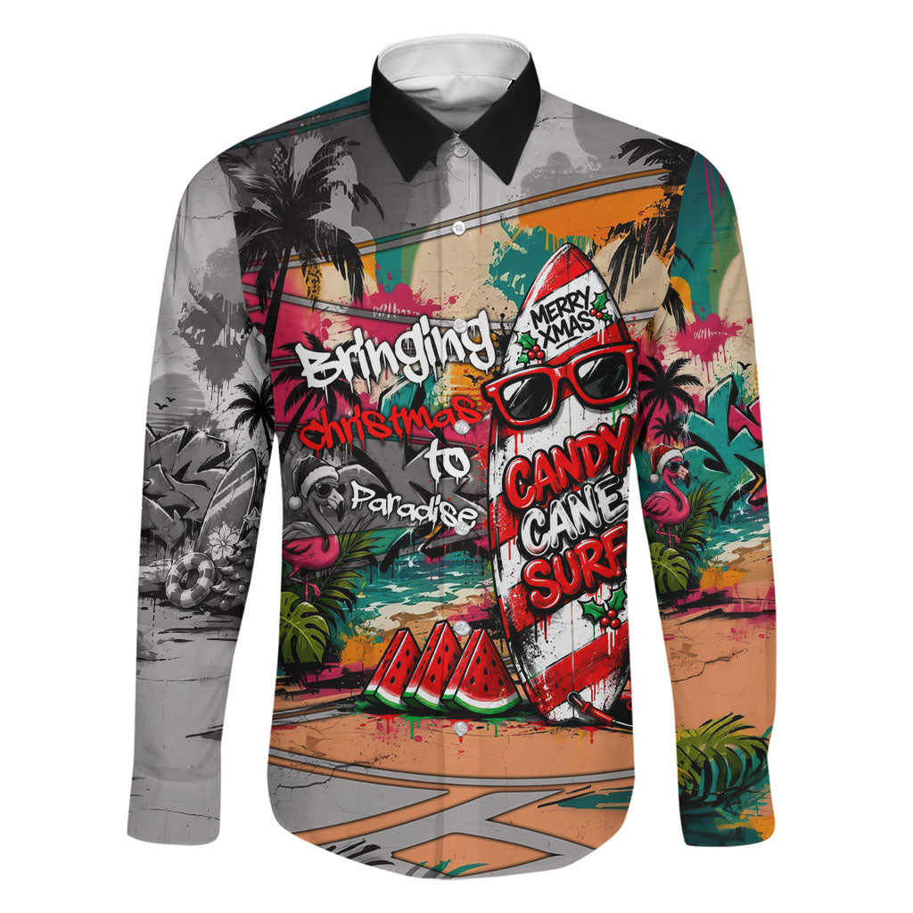 Tropical Christmas In July Candy Cane Surf Family Matching Off Shoulder Short Dress and Hawaiian Shirt Vibrant Street Art Beach Graffiti Graphic