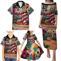 Tropical Christmas In July Candy Cane Surf Family Matching Puletasi and Hawaiian Shirt Vibrant Street Art Beach Graffiti Graphic
