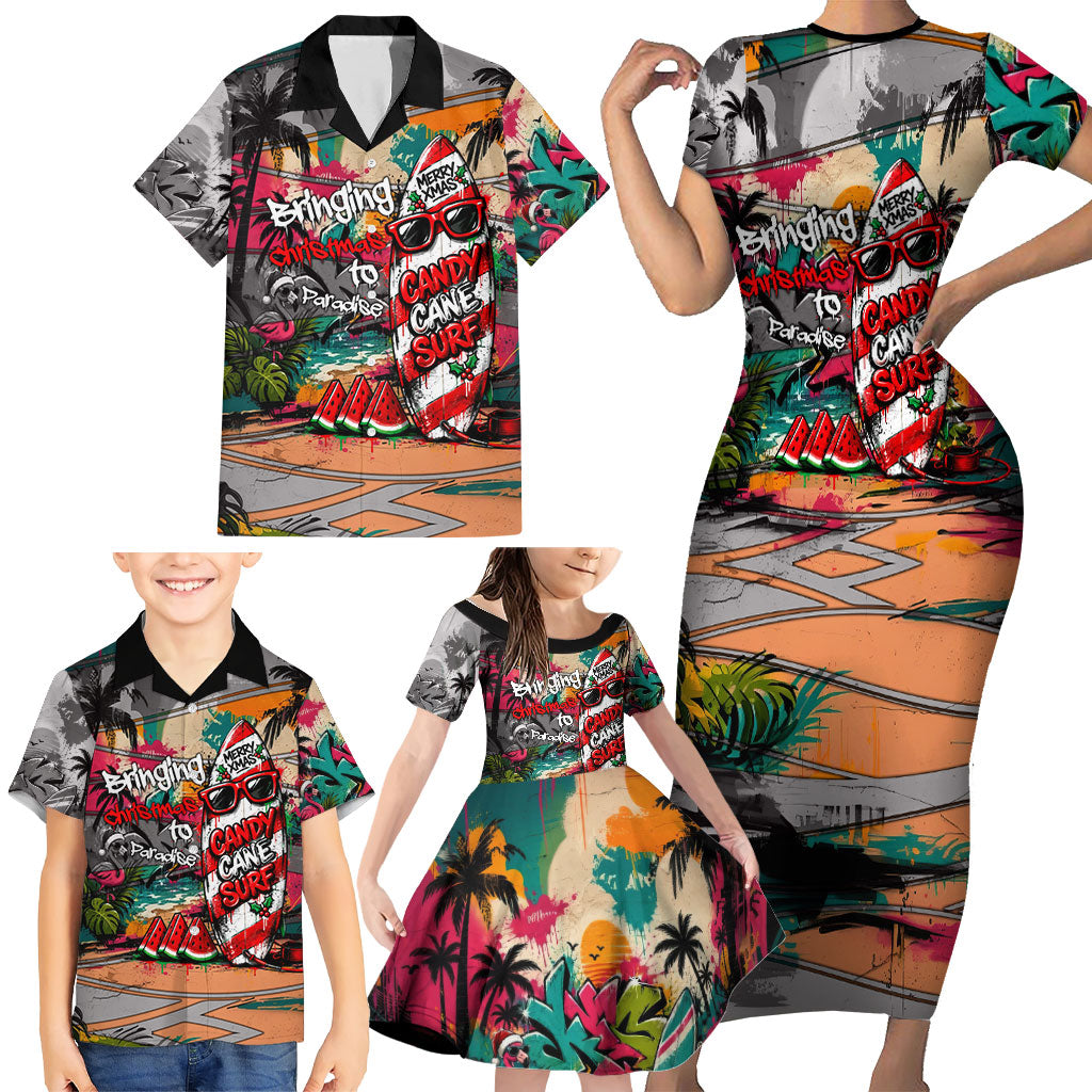 Tropical Christmas In July Candy Cane Surf Family Matching Short Sleeve Bodycon Dress and Hawaiian Shirt Vibrant Street Art Beach Graffiti Graphic