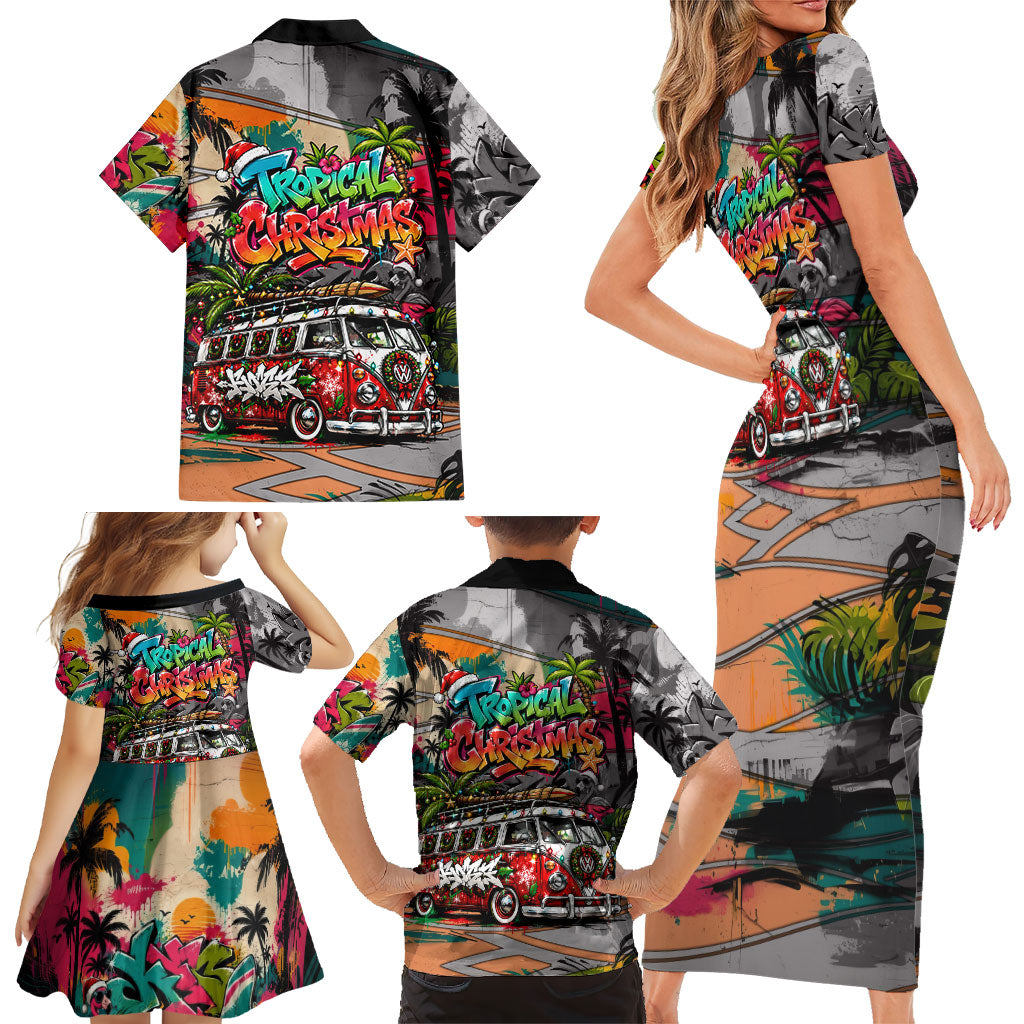 Tropical Christmas In July Candy Cane Surf Family Matching Short Sleeve Bodycon Dress and Hawaiian Shirt Vibrant Street Art Beach Graffiti Graphic