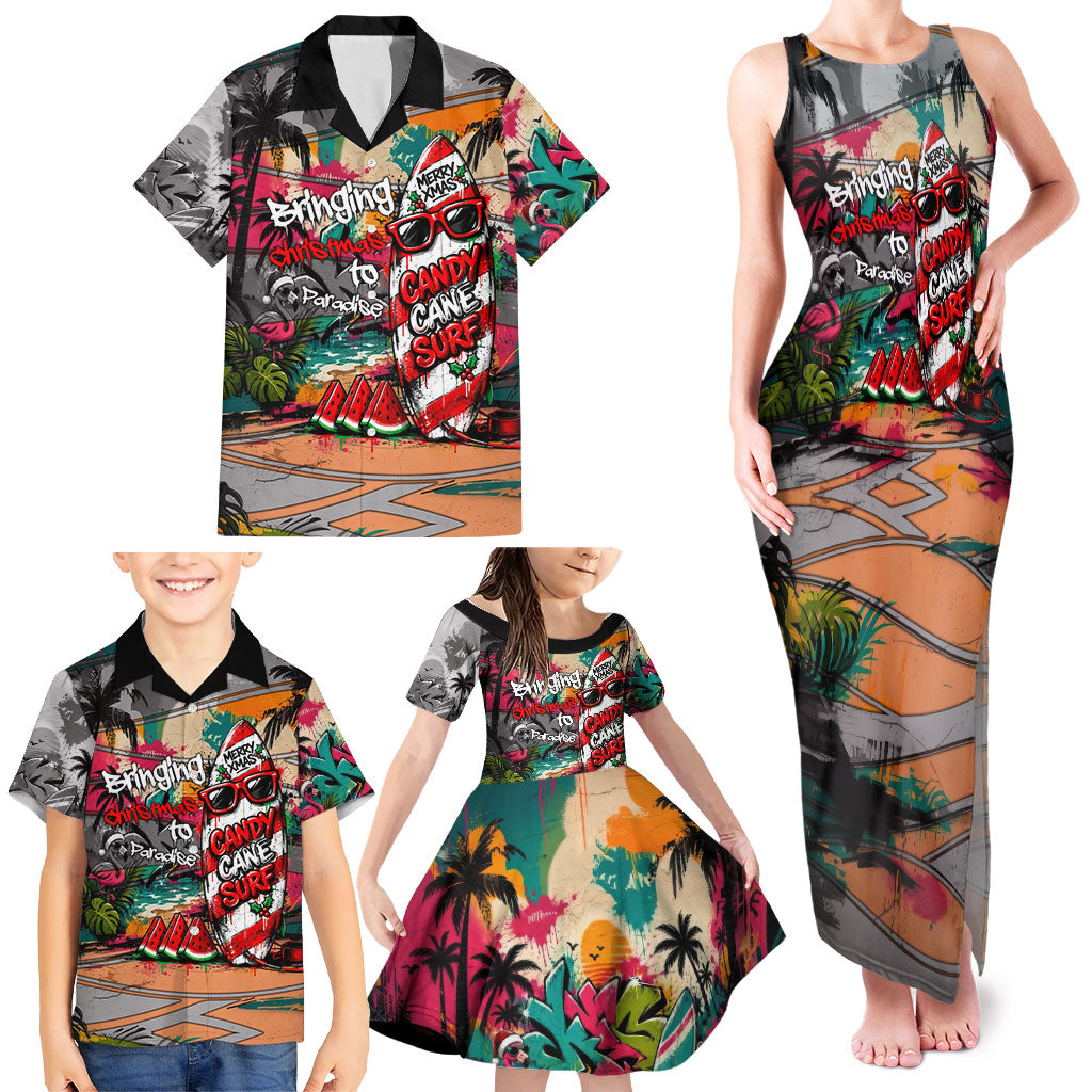 Tropical Christmas In July Candy Cane Surf Family Matching Tank Maxi Dress and Hawaiian Shirt Vibrant Street Art Beach Graffiti Graphic