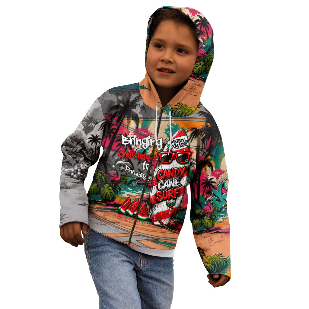 Tropical Christmas In July Candy Cane Surf Kid Hoodie Vibrant Street Art Beach Graffiti Graphic