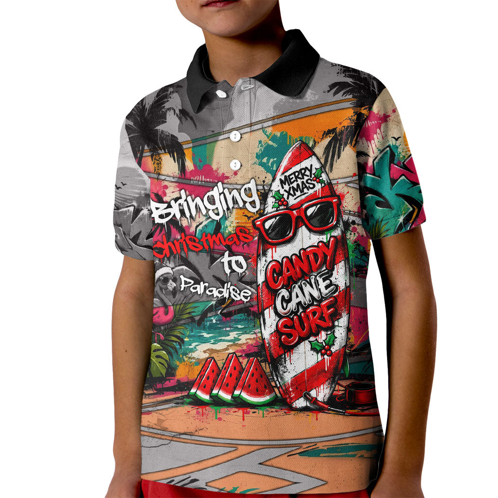 Tropical Christmas In July Candy Cane Surf Kid Polo Shirt Vibrant Street Art Beach Graffiti Graphic