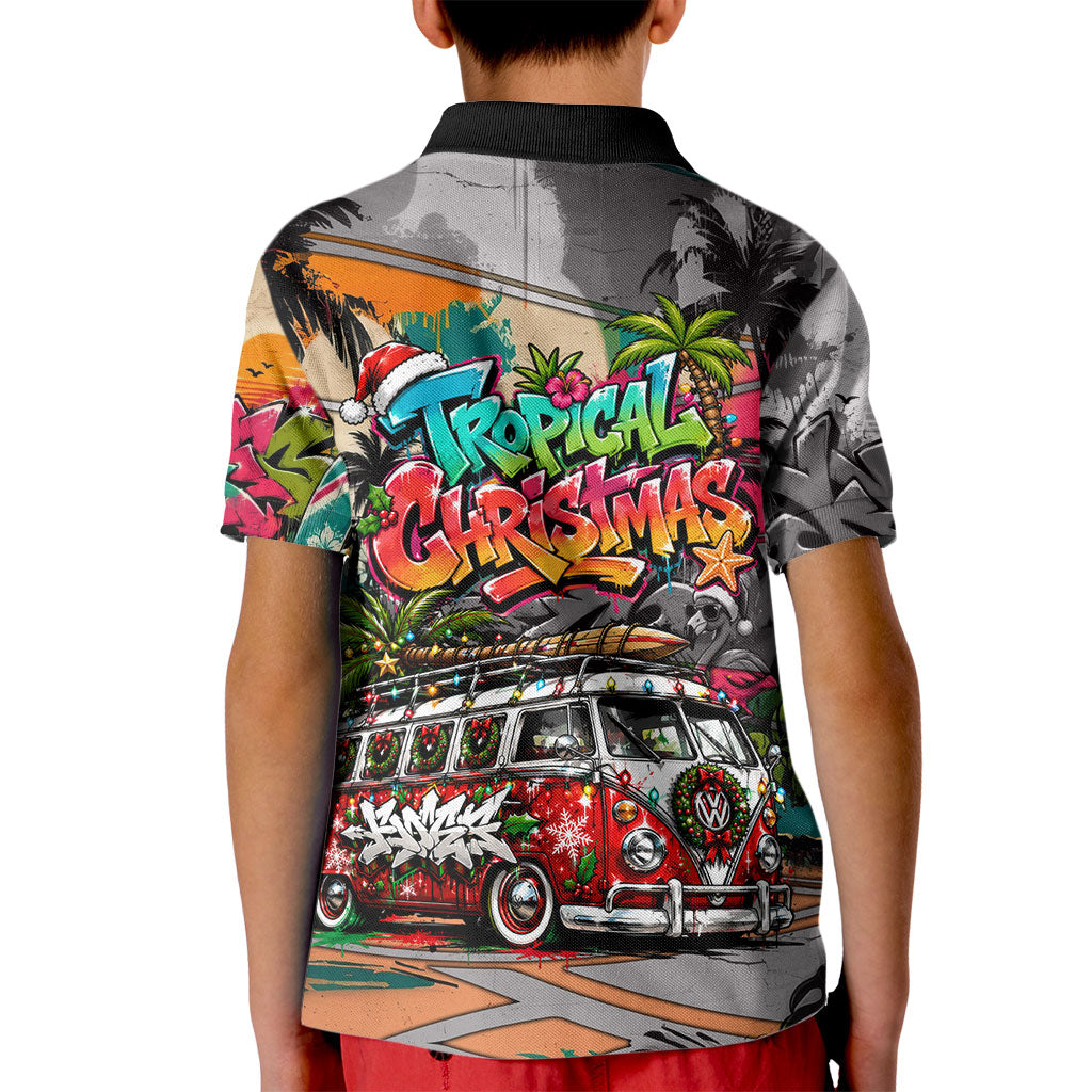 Tropical Christmas In July Candy Cane Surf Kid Polo Shirt Vibrant Street Art Beach Graffiti Graphic