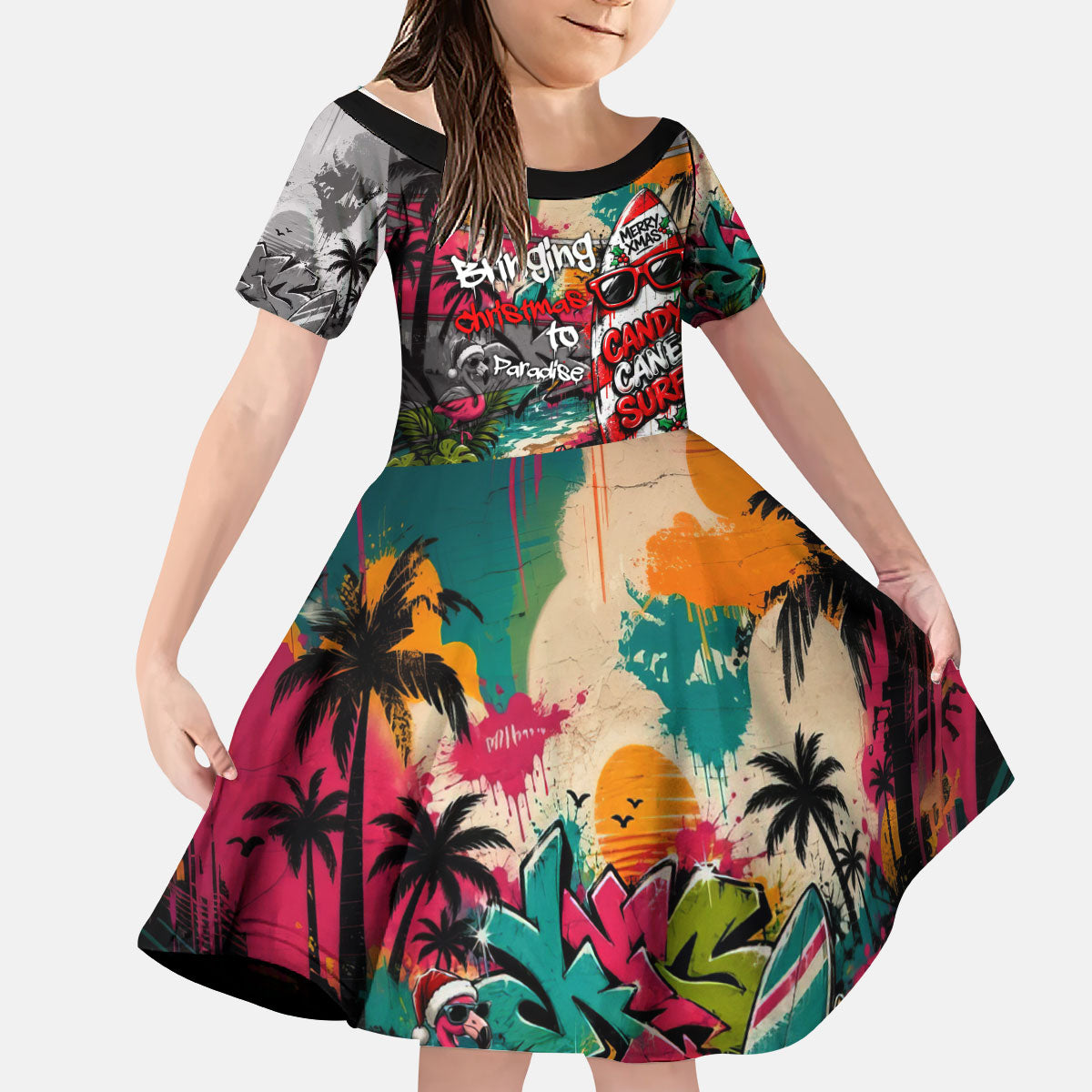 Tropical Christmas In July Candy Cane Surf Kid Short Sleeve Dress Vibrant Street Art Beach Graffiti Graphic