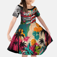 Tropical Christmas In July Candy Cane Surf Kid Short Sleeve Dress Vibrant Street Art Beach Graffiti Graphic