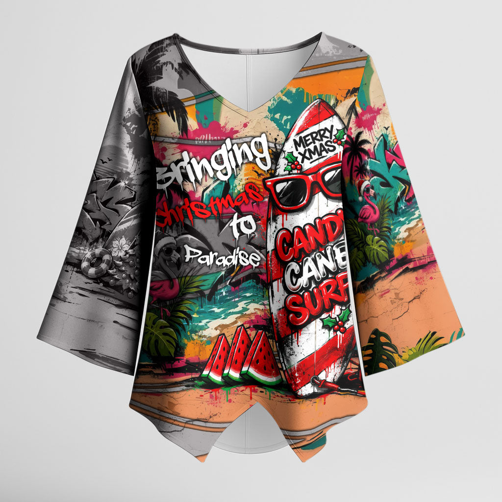 Tropical Christmas In July Candy Cane Surf Kimono Sleeve Blouse Vibrant Street Art Beach Graffiti Graphic