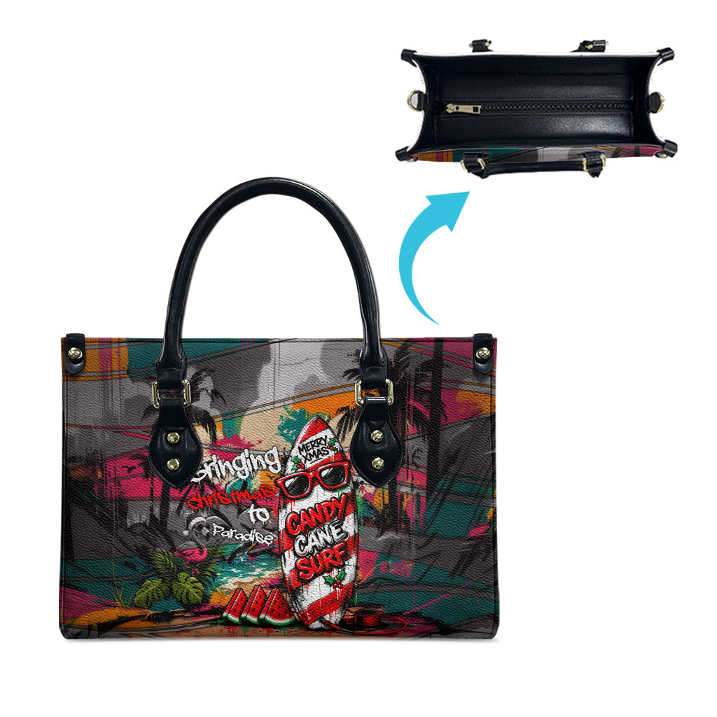 Tropical Christmas In July Candy Cane Surf Leather Bag Vibrant Street Art Beach Graffiti Graphic