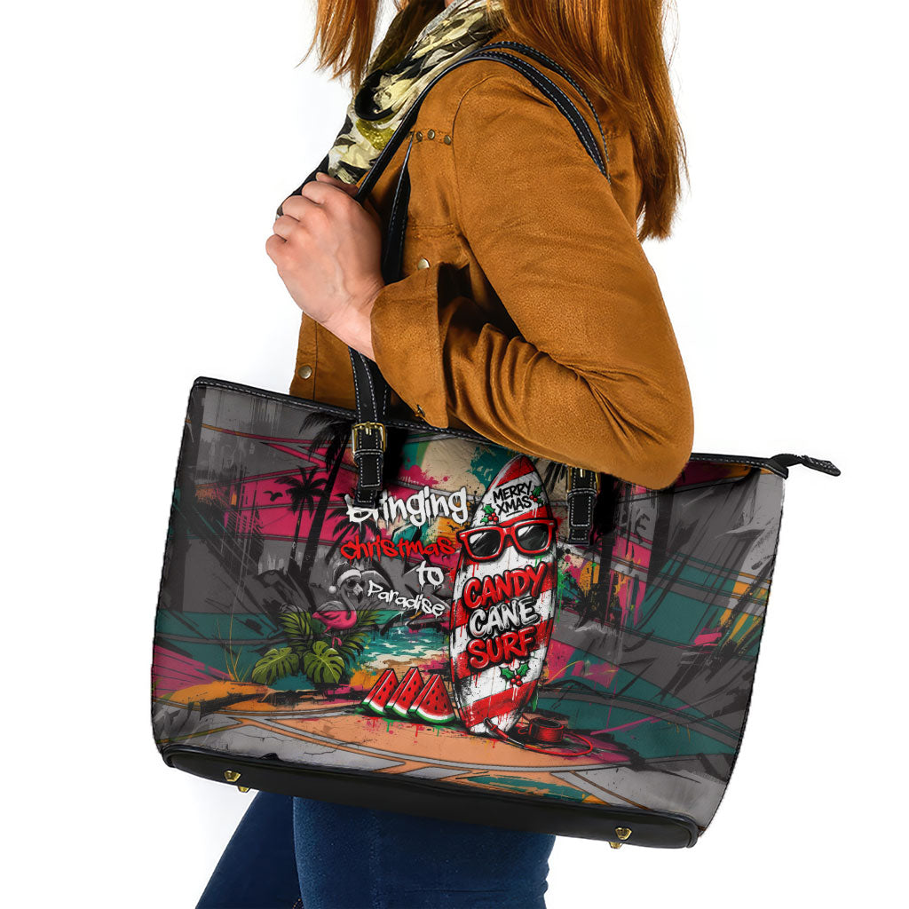 Tropical Christmas In July Candy Cane Surf Leather Tote Bag Vibrant Street Art Beach Graffiti Graphic