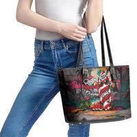Tropical Christmas In July Candy Cane Surf Leather Tote Bag Vibrant Street Art Beach Graffiti Graphic