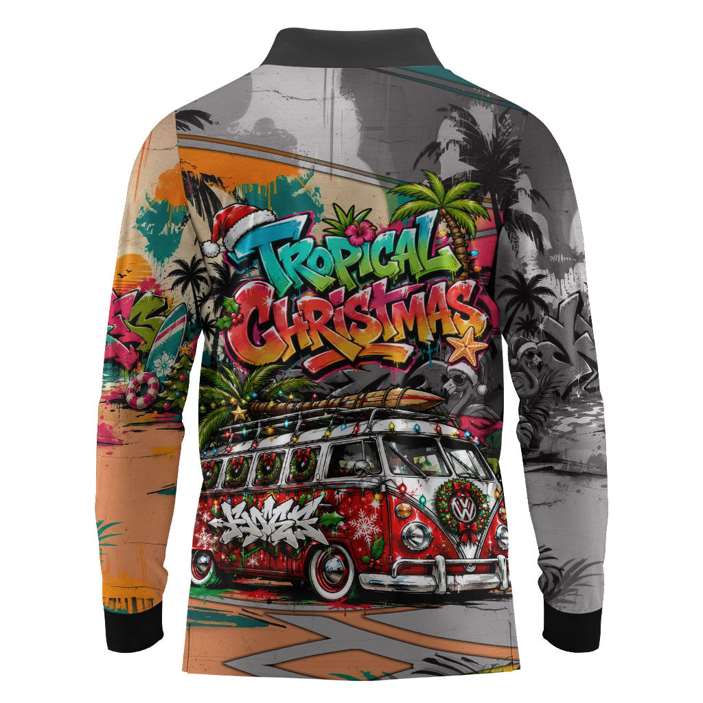 Tropical Christmas In July Candy Cane Surf Long Sleeve Polo Shirt Vibrant Street Art Beach Graffiti Graphic